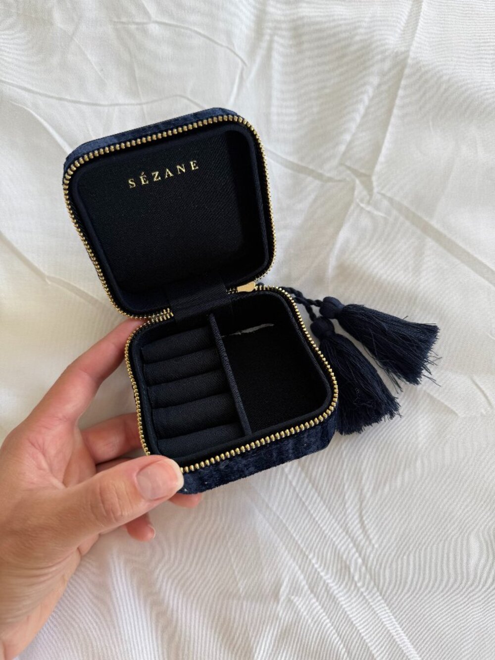 Sézane Navy Velvet Jewelry Box Organizer with Tassels